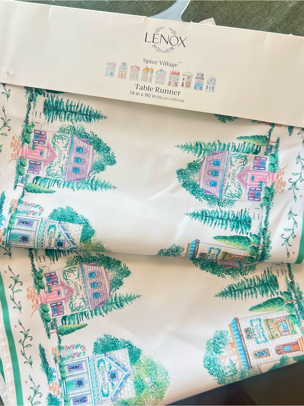 Lenox Spice Village Table Runner in White with Green and Teal Accents
